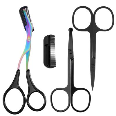 Eyebrow Scissors with Comb, 3 Pcs Professional Eyebrow Trimming Scissors Grooming Set for Men Women, Precise Brow Nose Mustache Hair Trimmer Kit, Salon Quality Design (Black)