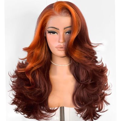 BlackSwern Skunk Strip Feather Layered Wig Pre Plucked Cutting Style Reddish Brown With Ginger 13x6 Synthetic Lace Front Wig Glueless Natural Hairline
