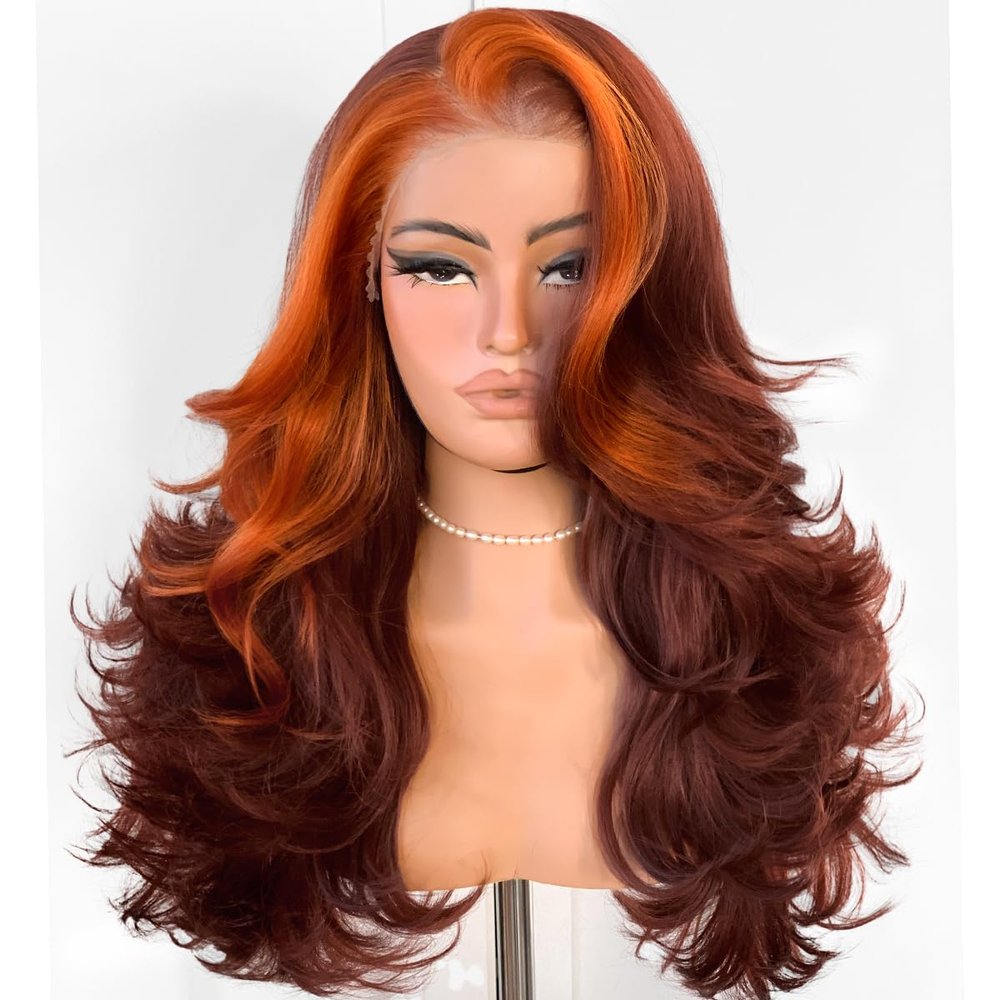 BlackSwern Skunk Strip Feather Layered Wig Pre Plucked Cutting Style Reddish Brown With Ginger 13x6 Synthetic Lace Front Wig Glueless Natural Hairline