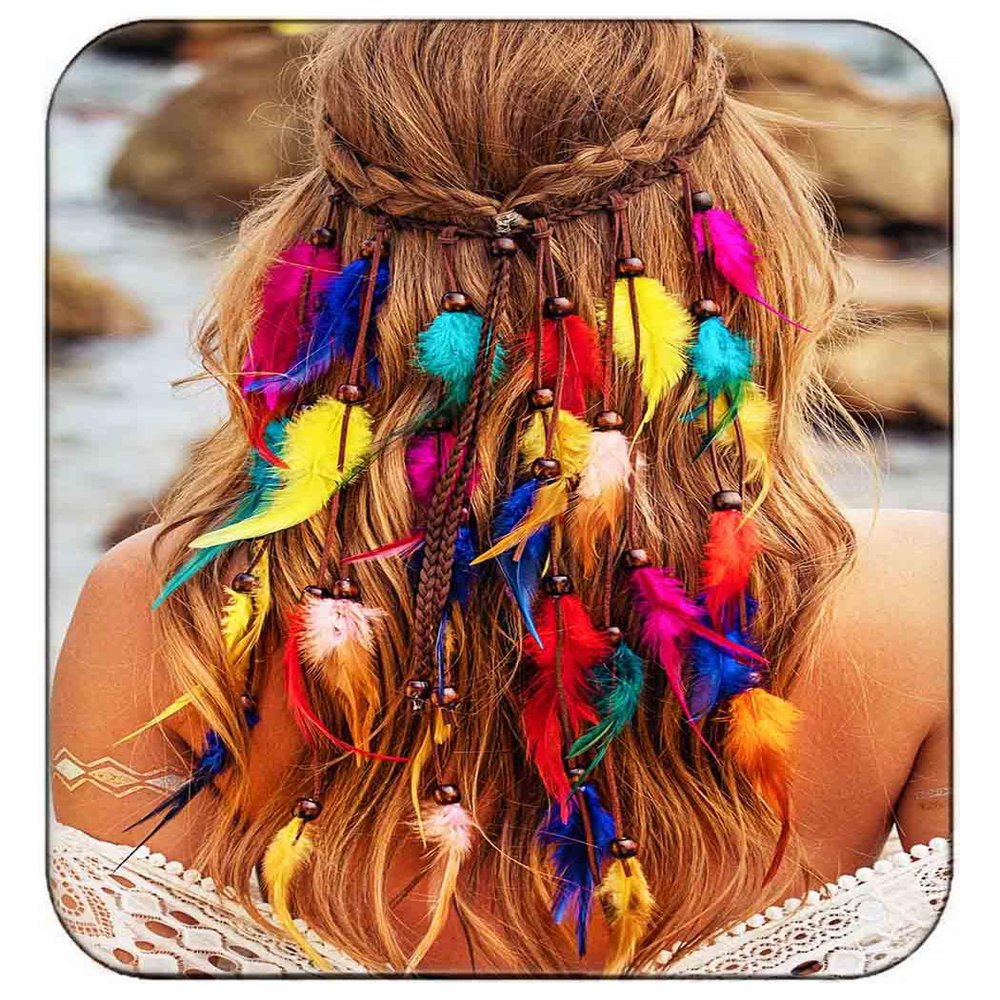 JAKAWIN Boho Feather Headband Rainbow Hair Accessories Indian Costume for Women
