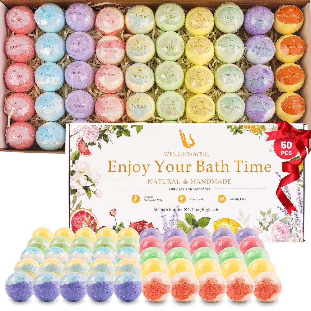 Organic Bath Bombs Set 50 PCS with 10 Rich Scents, Handmade Bath Bombs for Women with Essential Oils, Natural Bubble Bath for Moisturizing Skin, Spa Gift for Mother's Day Christmas Birthday Easter