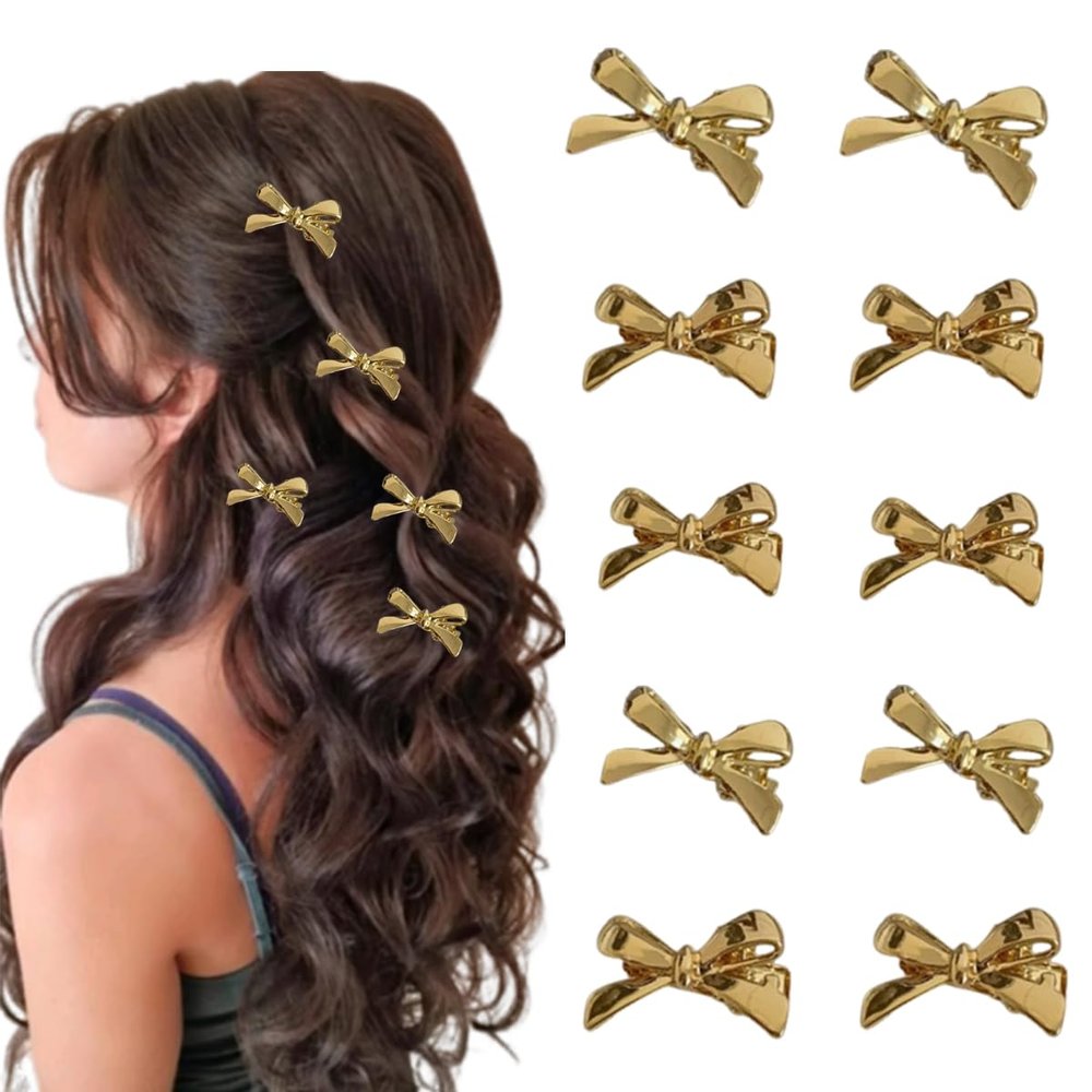 10 pcs Bow Hair Clips Mini Bow Hair Claw Clips for Women Party Weddings Daily Use Hair Accessories (Gold)