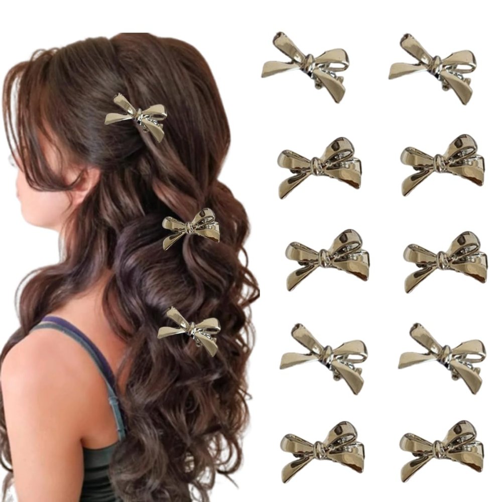 10 pcs Bow Hair Clips Mini Bow Hair Claw Clips for Women Party Weddings Daily Use Hair Accessories (Silver)