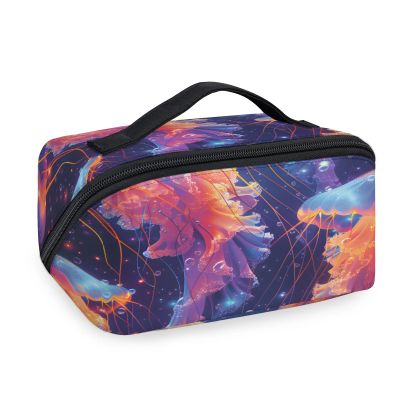 Adornori Nautical Sea Jellyfish Travel Makeup Bag Open Flat Cosmetic Bag Waterproof Portable Organizer with Compartments Divider Handle