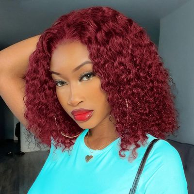 12 Inch Burgundy Bob Wig Human Hair 13x4 HD Deep Wave Lace Front Wigs Human Hair 99j Red Short Curly Bob Wig Water Wave Human Hair Wig 180% Density Glueless Wet Wavy Colored Wig for Women Pre Plucked