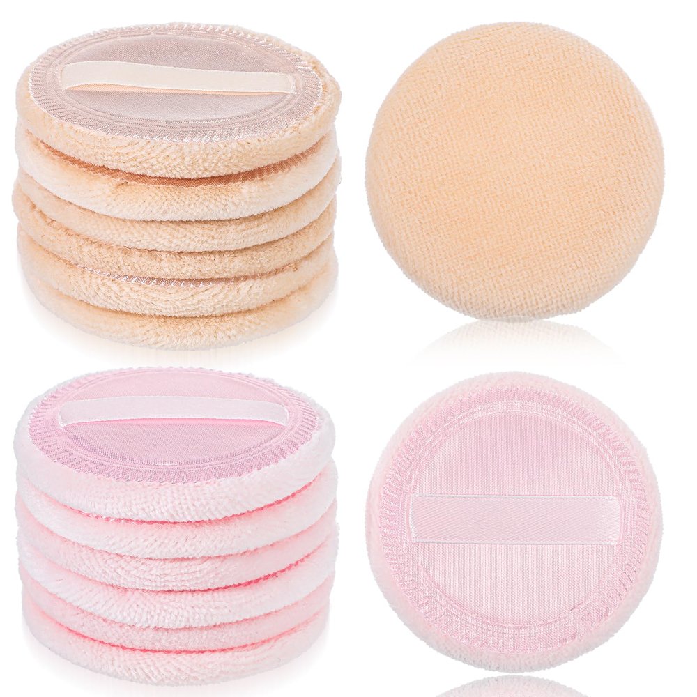 12 Pcs Round Setting Powder Round Cosmetic Sponges Cotton Cosmetic Face Makeup With Ribbon For Loose, Pressed Pink & Beige