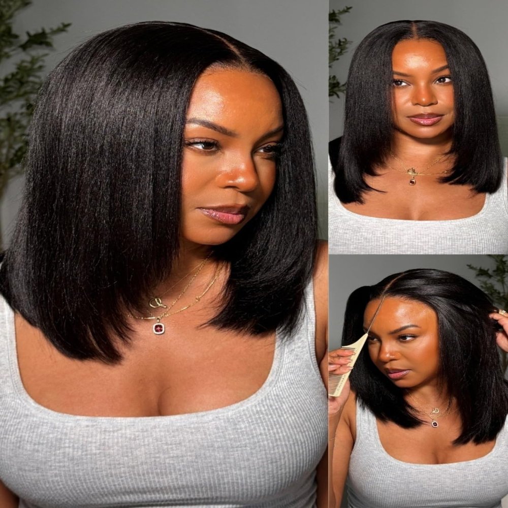Nadula Yaki Straight Bob Drawstring Wig Human Hair with Face Framing Layers 180% Density, Glueless 7x5 Bye Bye Knots Wig Pre Cut/Plucked/Bleached Knots Ready to Go Short Layered Yaki Bob Wig 14inch