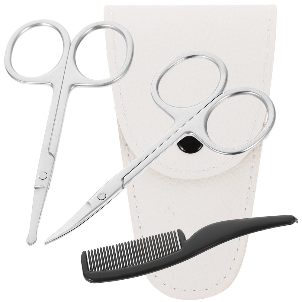 COOLHIYA 4pcs Beard and Nose Hair Trimming Scissors Set Stainless Steel Precision Mustache Shears with White Leather Case and Small Comb for Men'S Grooming