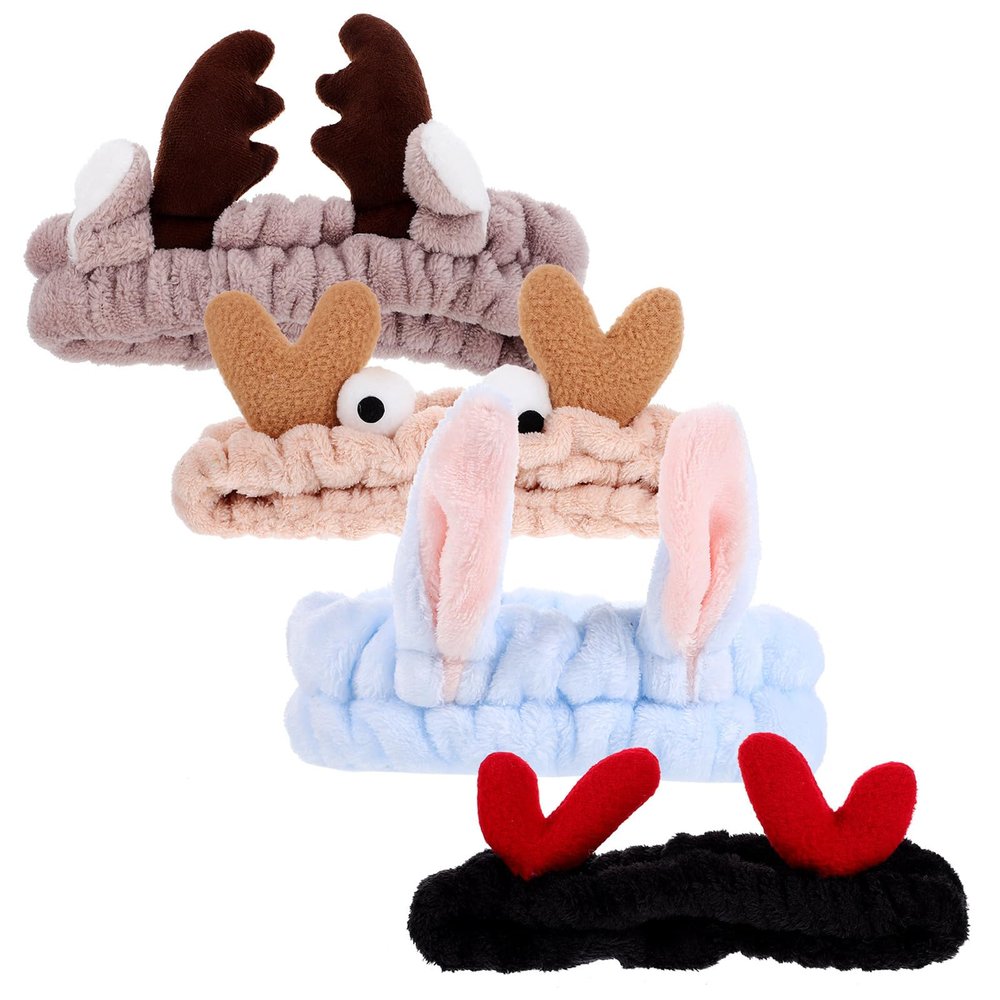 HONMEET 4Pcs Makeup Headbands for Women, Cartoon Plush Hair Headband Set for Face Washing and Spa, Soft Elastic Hair Bands for Skincare and Workout Use