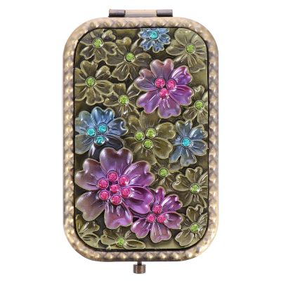 MUSISALY Vintage Double Side Makeup Mirror, Small Portable Foldable Cosmetic Mirror with Alloy Frame, Enamel Flower Design for Travel and Daily Use