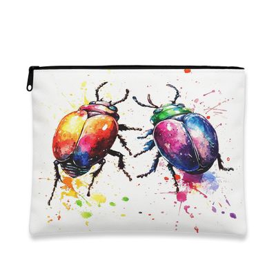 Colorful Beetle Makeup Bag, Watercolor Art Cosmetic Pouch for Women, Portable Canvas Zipper Organizer, Summer Travel Toiletry Bag 7x9 Inch
