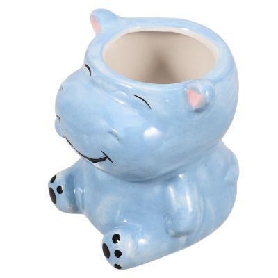 TIDTALEO Cute Hippo Shaped Ceramic Makeup Brush Holder and Pen Organizer, Animal Design Succulent Planter for Home Vanity Desk, Multifunctional Cosmetic Brush Cup for Bathroom and Office