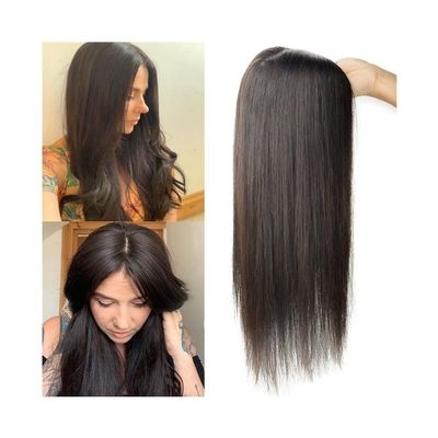 Llhdmeng 10-24 Inch Long Human Hairs Toppers 12x13cm Silk Base Piece Middle Part Straight Virgin Haires Topper for Women with Thinning Hair Adds Volume(Dark Brown,10 inch)
