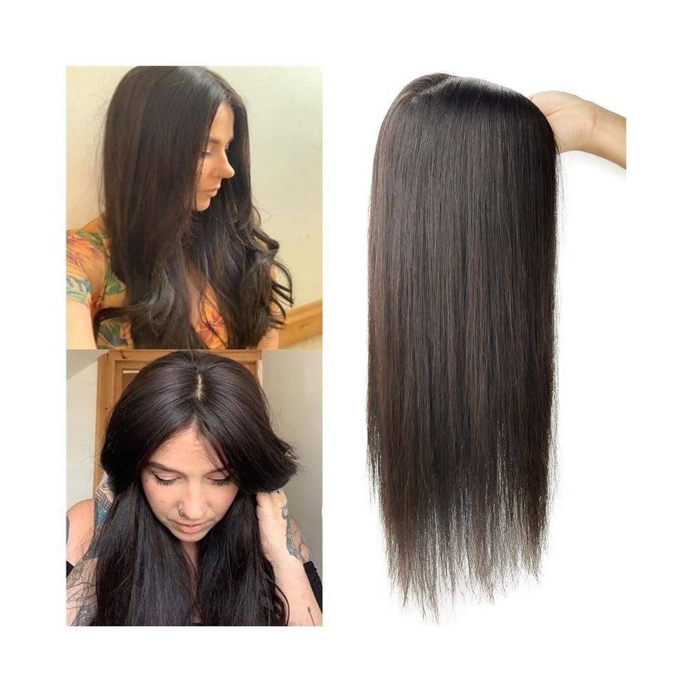 Llhdmeng 10-24 Inch Long Human Hairs Toppers 12x13cm Silk Base Piece Middle Part Straight Virgin Haires Topper for Women with Thinning Hair Adds Volume(Dark Brown,10 inch)