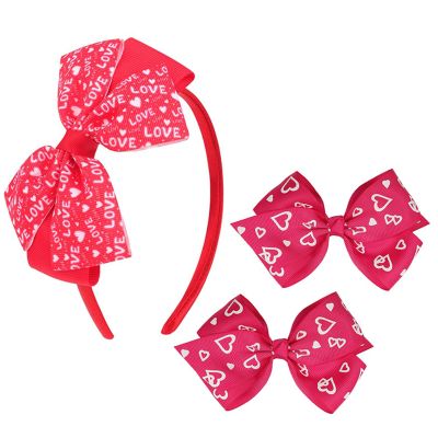 NEWSPIED Valentine's Day Bow Headband Rose Red Cute Hair Bands with 2Pcs Heart Bow Hair Clips Set Valentines Headband for Party Favor Valentines Hair Accessories
