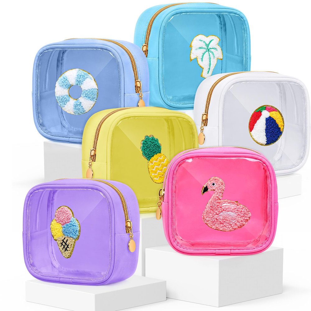 Silkfly 6 Pcs Mini Preppy Patch Makeup Bags Bulk, Beach, Multicolor