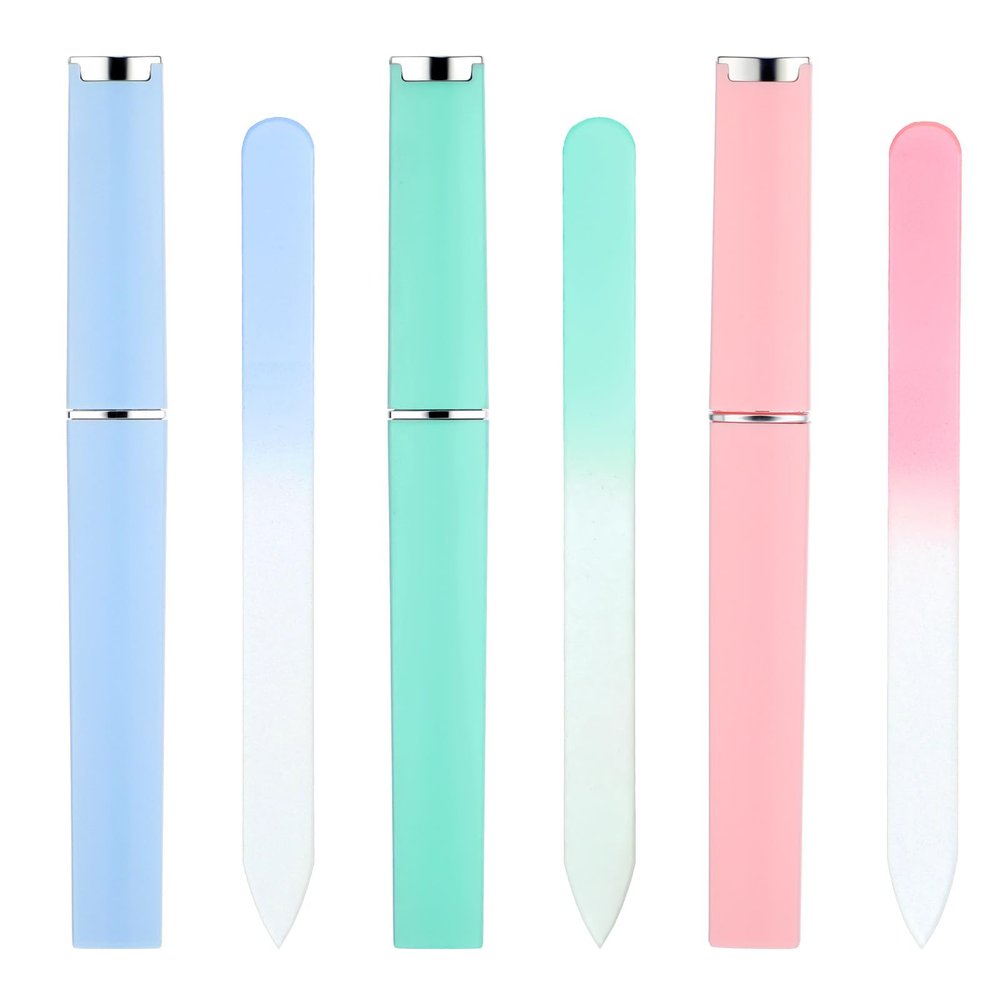 3 Pack Crystal Nail Files for Natural Nails, Double Sided Travel Nail File with Case, Glass Fingernail Files for Women (Pink+Blue+Green)