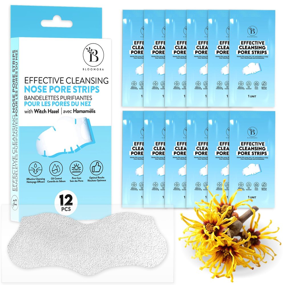 BLOOMORA Nose Pore Strips, Nose Blackhead Remover Strips with Witch Hazel, Pore Cleansing Strips & Whitehead Remover Strips, For a Visibly Cleaner, Smoother, Radiant-Looking Skin (12 pc) - GEN2