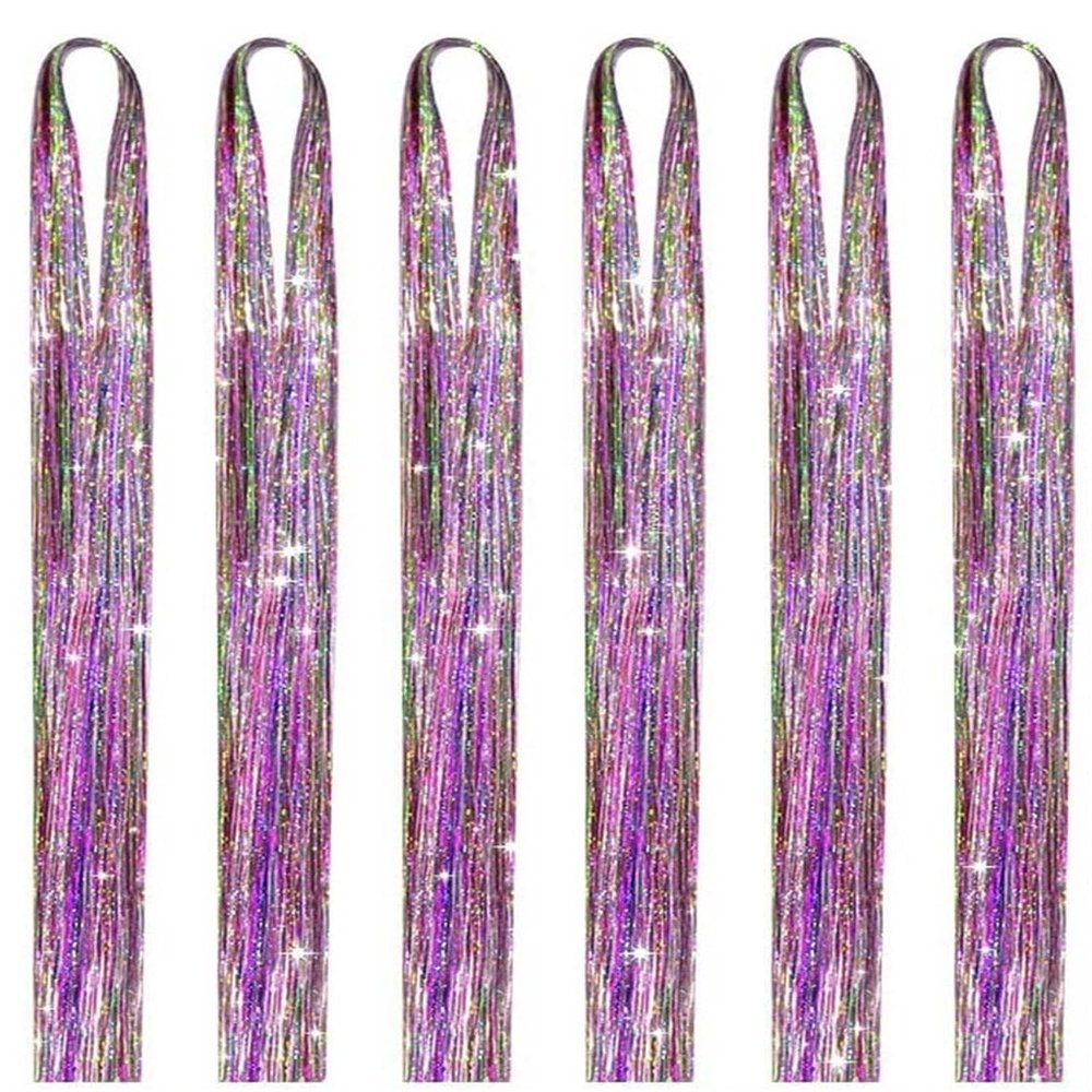 Hair Tinsel 10pcs 120cm Shiny Sparkle Threads Glitter Hair Tinsel Rainbow Strands Gold Laser False Extensions For Women Styling(ColorH)