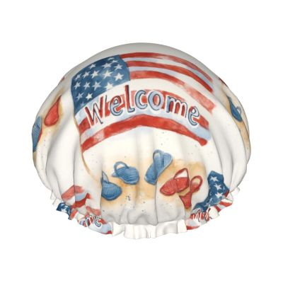 Welcome To America & Red Blue Flip-Flops Shower Caps Reusable Waterproof Adjustable Stylish Hair Cap Elastic
