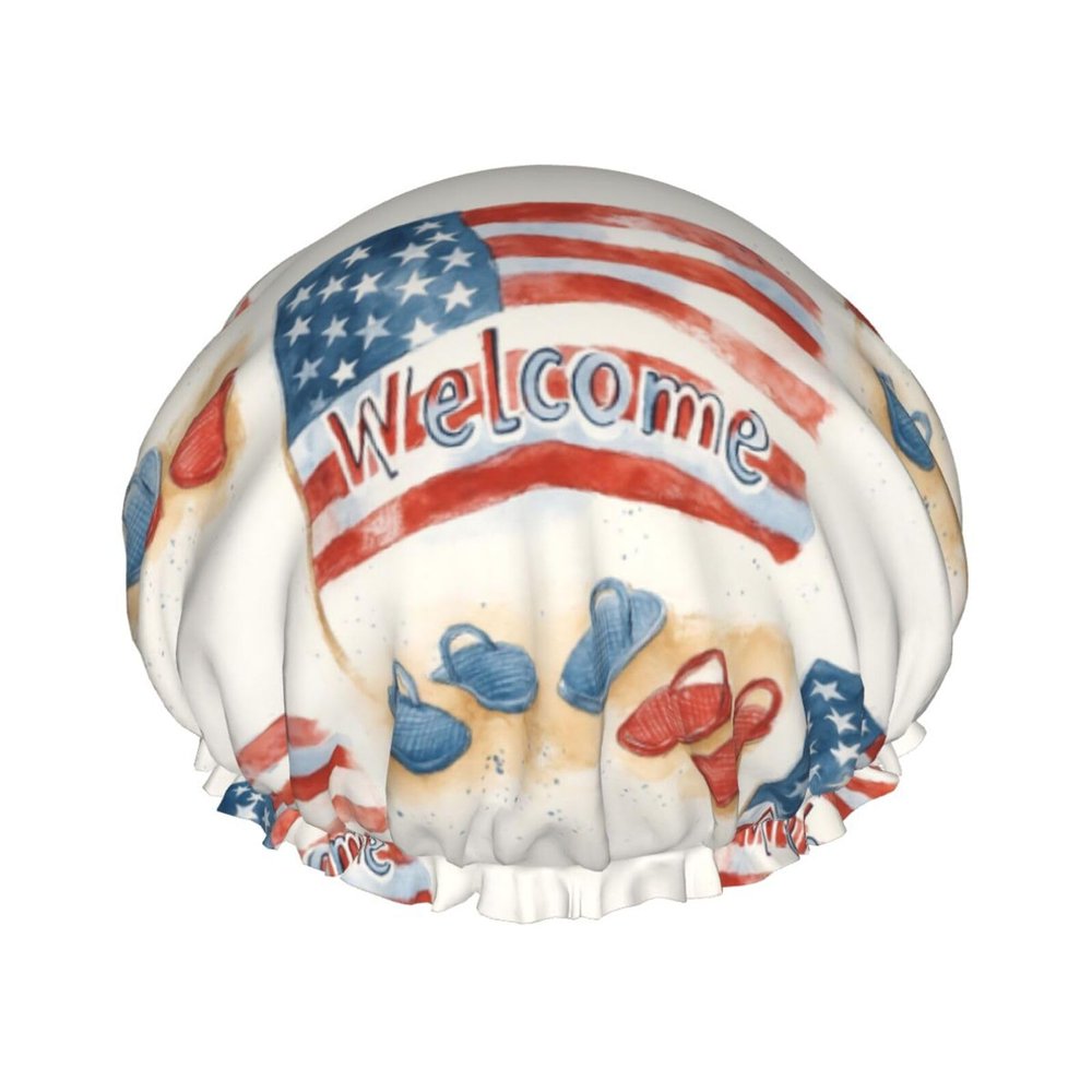 Welcome To America & Red Blue Flip-Flops Shower Caps Reusable Waterproof Adjustable Stylish Hair Cap Elastic