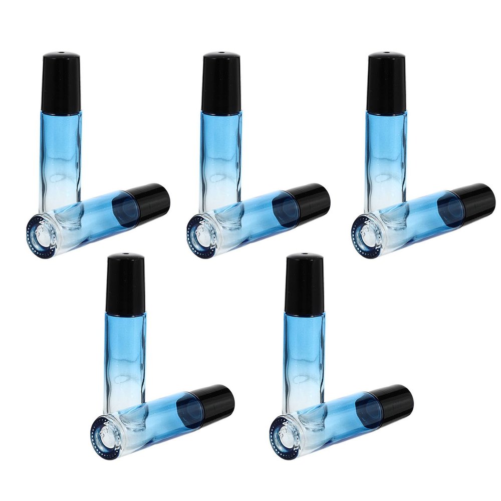 DECORNIJIA 10Pcs 10Ml Glass Essential Oil Roller Bottles with Blue Gradient Refillable Perfume Roller Bottles for Travel and Aromatherapy Black Cap Sub for Oil Storage