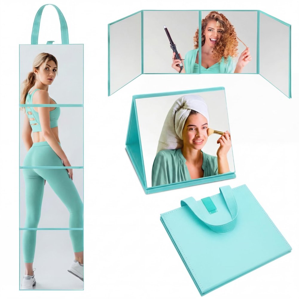 Burbell 3 Way Foldable Full Body Mirror Portable Travel Fitness, Mint Green