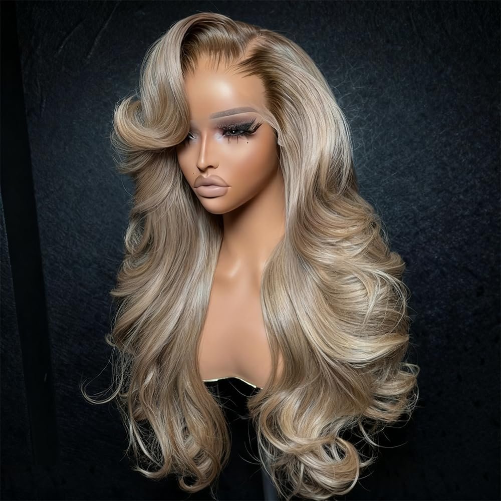 abgese Ombre Ash Blonde Lace Front Wigs Human Hair Upgrade 200 Density Body Wave Lace Frontal Human Hair Wig 13x4 Glueless Mile Tea Blonde Colored Wig Pre Plucked for Women 22 Inch