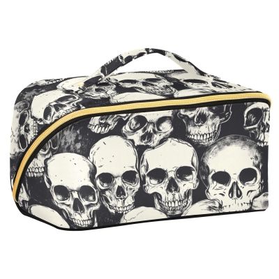 OSYWENRY Monochrome Line Skull Large Capacity Makeup Bag for Women Girls, Travel Cosmetic Organizer with Divider & Handle, Portable Toiletry Bag