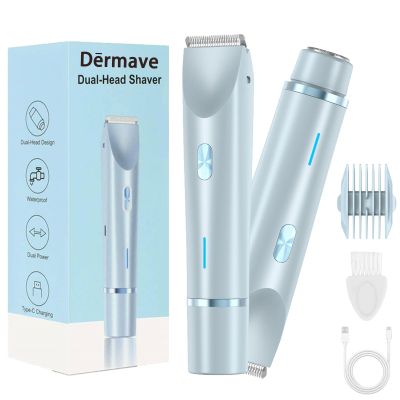 Dermave Shaver Bikini Shaver - Trimmer 2.0 for Women, 2 in 1 Electric Dual Head Razors, Ipx7 Waterproof, USB Charging, Painless Hair Removal for Private Area/Facial/Pubic/Hair Body (Blue)