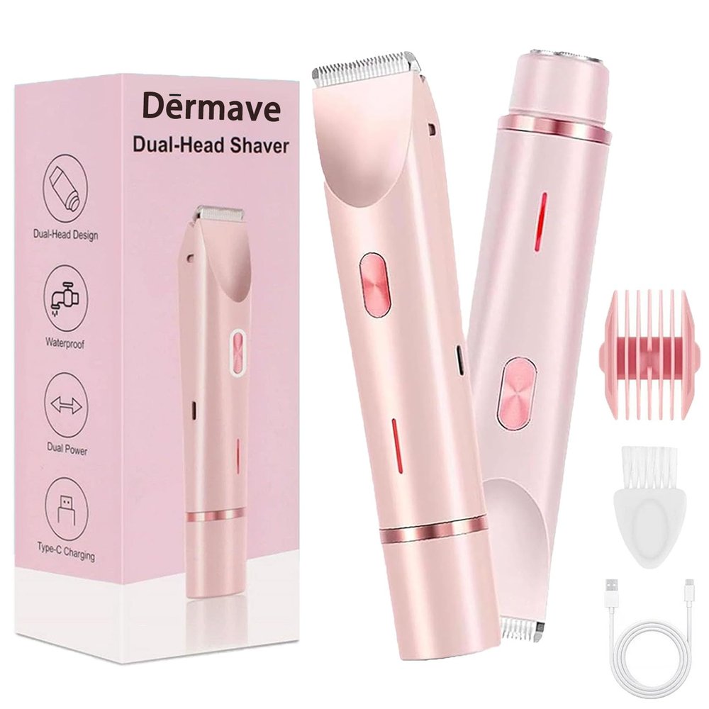 Dermave Shaver Bikini Shaver - Trimmer 2.0 for Women, 2 in 1 Electric Dual Head Razors, Ipx7 Waterproof, USB Charging, Painless Hair Removal for Private Area/Facial/Pubic/Hair Body (Pink)