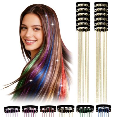 12PC Clip in Hair Tinsel Champagne, 2026 New Tinsel Hair Extensions Clip in Champagnes, Glitter Hair Extensions for Girls Women, Sparkling Fairy Hair Accessories for New Year Party (A)