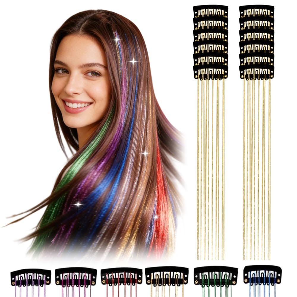 12PC Clip in Hair Tinsel Champagne, 2026 New Tinsel Hair Extensions Clip in Champagnes, Glitter Hair Extensions for Girls Women, Sparkling Fairy Hair Accessories for New Year Party (A)