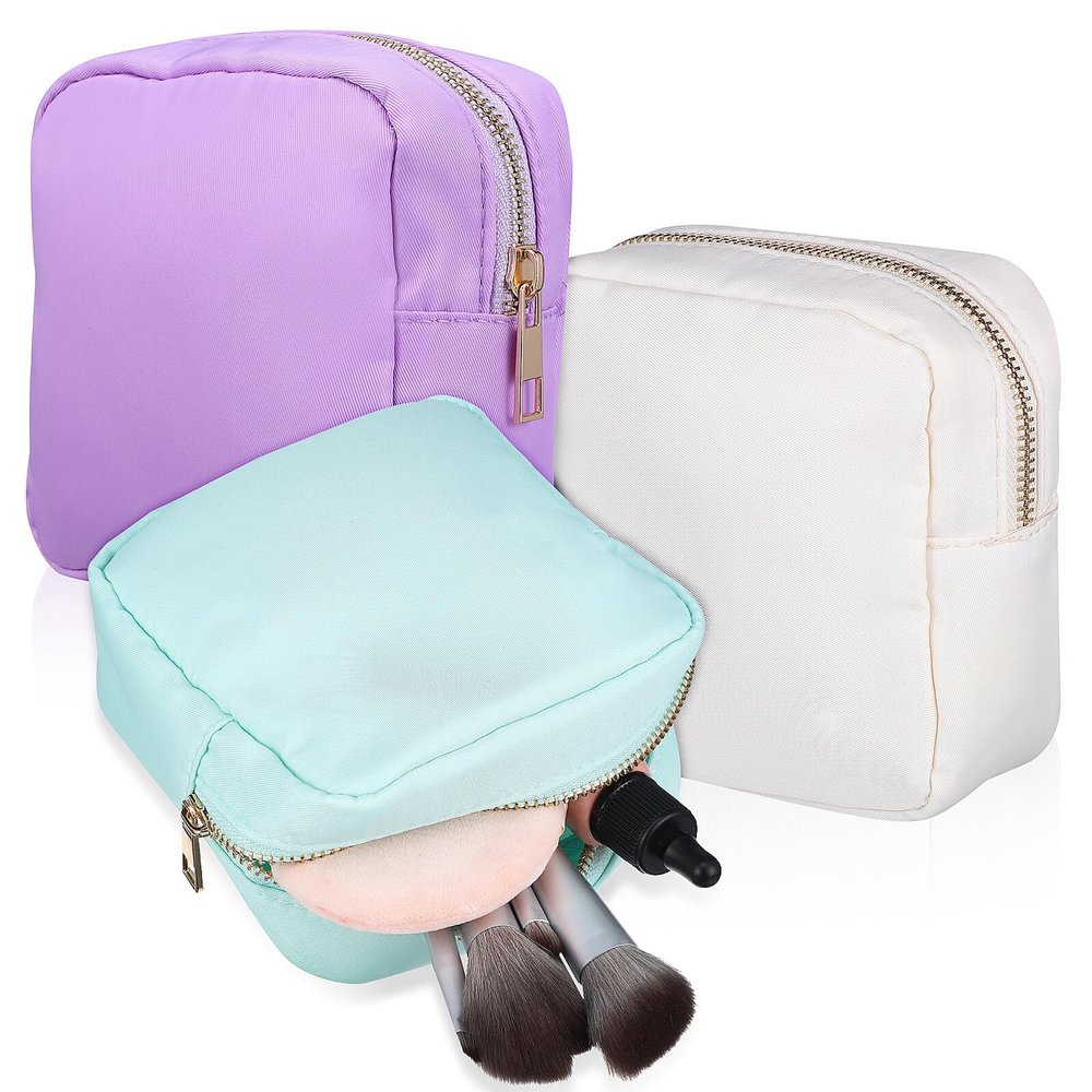 CHILDWEET Waterproof Nylon Makeup Bags Set of 3 Zipper Pouches in Beige Mint Green and Purple Travel Organizer Cosmetic Bags for Women Period and Napkin Storage