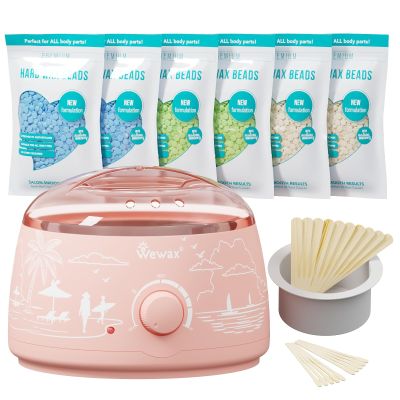 Waxing Kit for Hair Removal - Beginner Friendly Wax Warmer with 6 Bags Hard Wax Beans Freesia & Milk & Aloe, Ideal for Body, Bikini, face, Home Salon Use - Pink Beach