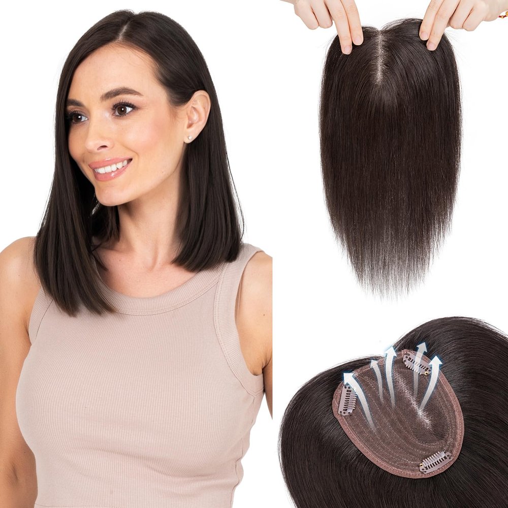 Hairro 100% Human Hair Topper No Bangs, Real Clip in Hair Hairpieces for Women, 3.94x4.72" Silk Base for Thinning Receding High Hairline, 12 Inch Natural Black Side Part