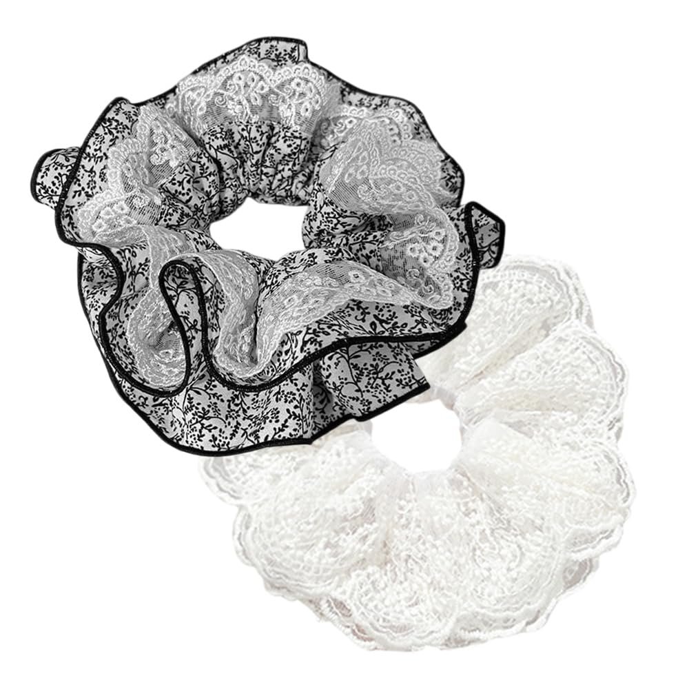 Gsohyim Soft Large Scrunchies for Women: Oversized Gingham & Lace Hair Ties - Extra Big Hair Scrunchies for Thick Curly Long Hair - Lace Elastic Ponytail Holders 2Packs