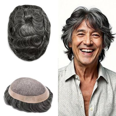 Right Hair Fine Mono Lace Mens Toupee Human Hair Poly Coat Natural Mens Hair Piece Lightweight Hair System for Men Monofilament Wig 7"x10" #1B50 Off Black+50% Grey