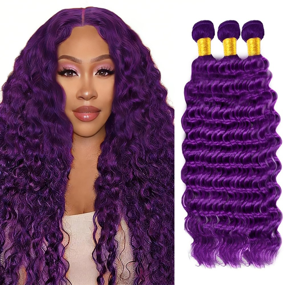 Human Hair Bundles 24 26 28 Inch Purple Deep Wave Bundles,300 Gram