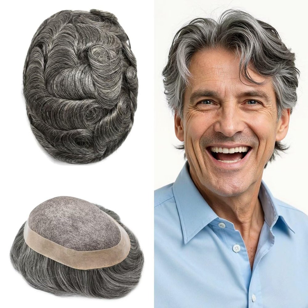 Right Hair Fine Mono Lace Mens Toupee Human Hair Poly Coat Natural Mens Hair Piece Lightweight Hair System for Men Monofilament Wig 7"x9" #1B60 Off Black+60% Grey