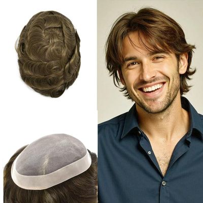 Right Hair Fine Mono Lace Mens Toupee Human Hair Poly Coat Natural Mens Hair Piece Lightweight Hair System for Men Monofilament Wig 6"x8" #7 Very Light Brown