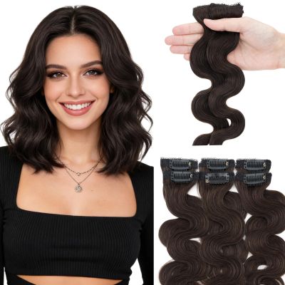 Hairro Body Wave Hair Extensions Clip Ins Real Human Hair 6PCS Remy Mini Short Clip On Hairpin Hairpieces For Women 40g 16 Inch #2R Dark Brown