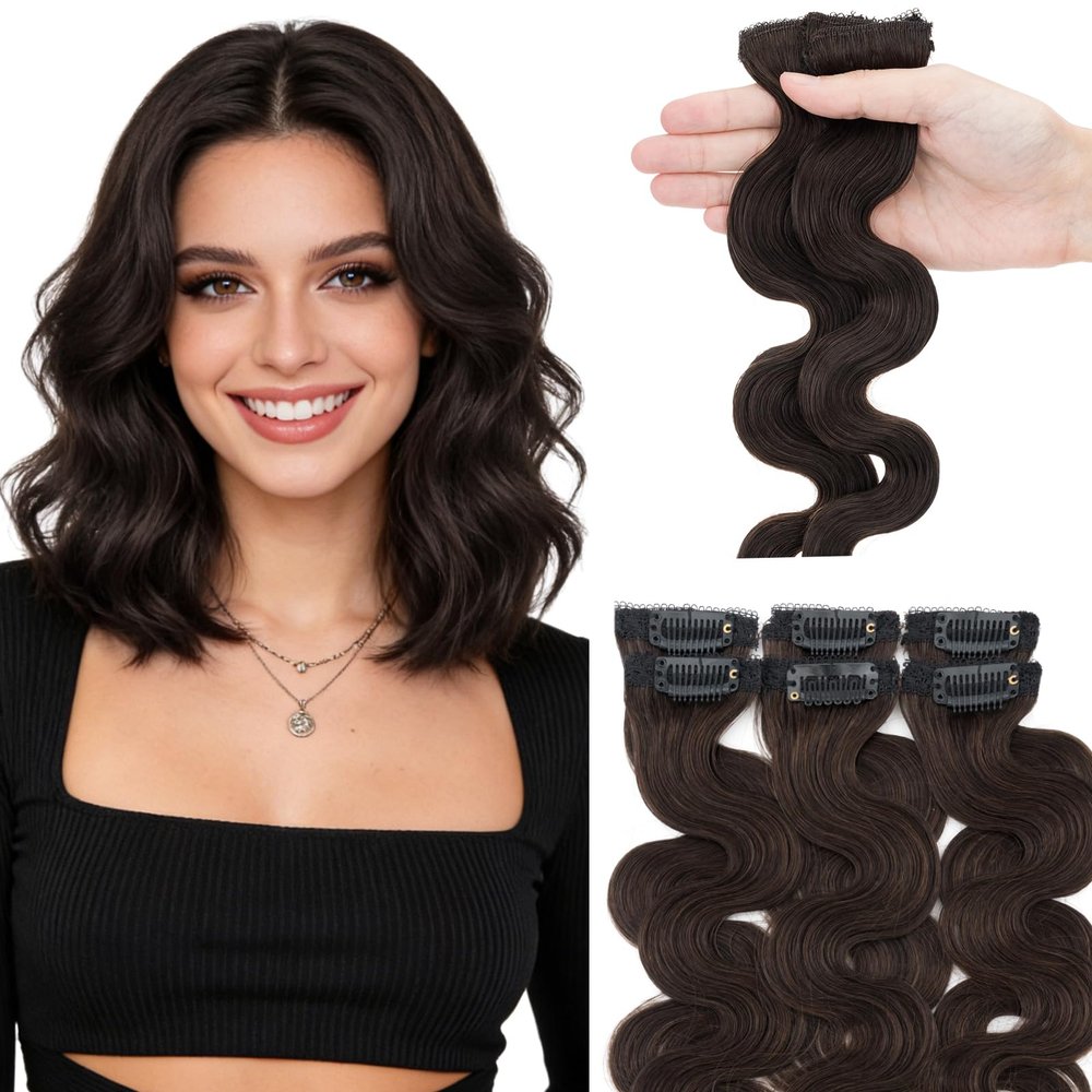 Hairro Body Wave Hair Extensions Clip Ins Real Human Hair 6PCS Remy Mini Short Clip On Hairpin Hairpieces For Women 40g 16 Inch #2R Dark Brown