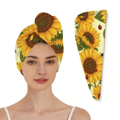 Chintiz Microfiber Hair Towel Wrap for Women - Sunflower Bee Fast Drying Super Absorbent Anti-Frizz Head Hair Towels - Elastic Loop Design Soft Turbans for Wet Long, Curly, Thick Hair