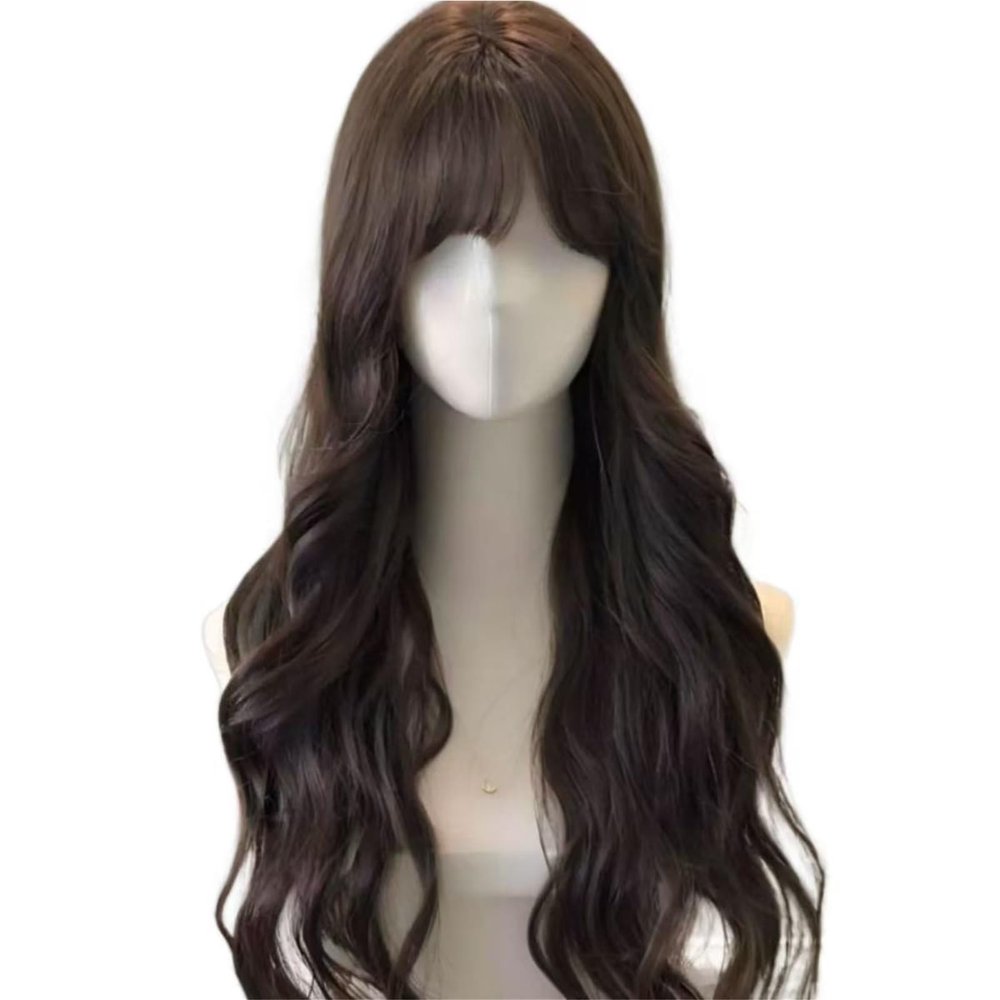 TINAIWAN Gentle Korean Style Body Wave Long Curly Wig with Air Bangs, Natural Looking Synthetic Hair(Light brown)