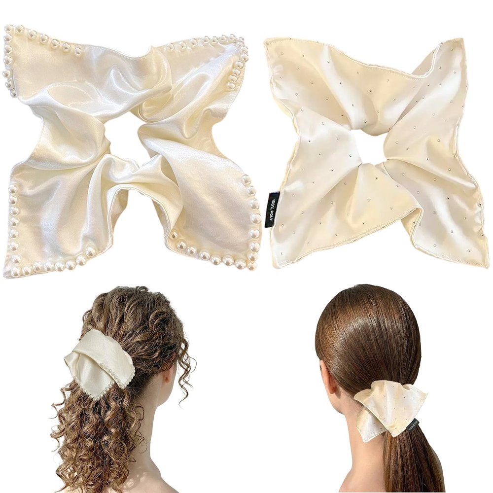 French Satin Pearl Scrunchie, Square Scarf Style Hair Tie with Fine Workmanship, High Elastic Accessory (White)