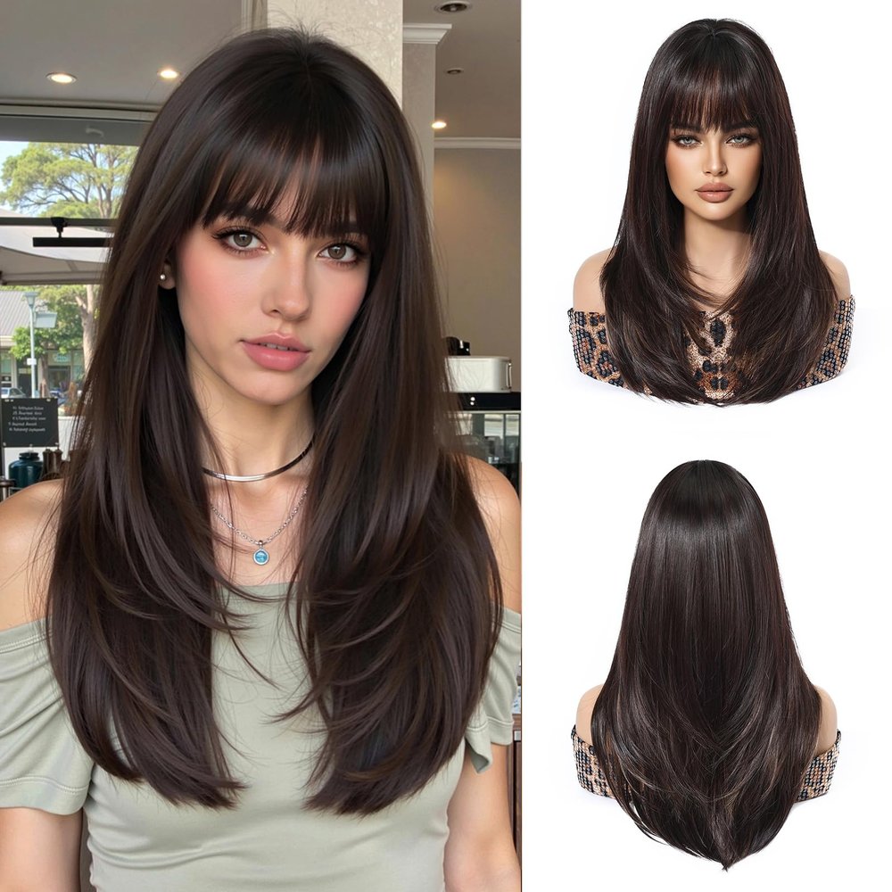 Nuxovin Brown Real Hair Wigs Long Straight with Fringe Ombre Wigs Human Hair Heat Resistant for Daily and Party Use (18 inch,Brown)