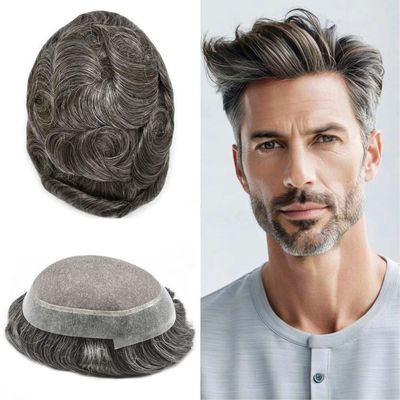 FNY HAIR Men's Real Human Hair Toupee Durable Fine Mono Poly Skin Hair Pieces Replacement System Mens Hairpiece Wig Natural Hairlines 7''X9'' 120% #1B60#1B Off Black+60% Grey