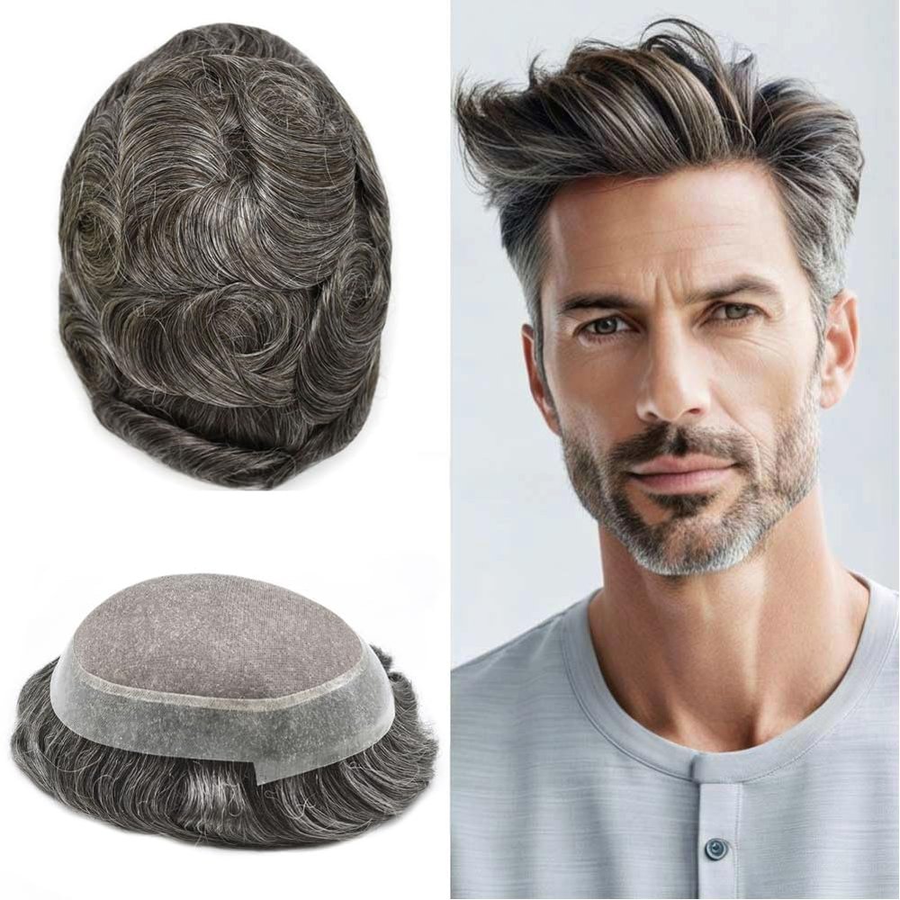 FNY HAIR Men's Real Human Hair Toupee Durable Fine Mono Poly Skin Hair Pieces Replacement System Mens Hairpiece Wig Natural Hairlines 7''X9'' 120% #1B60#1B Off Black+60% Grey