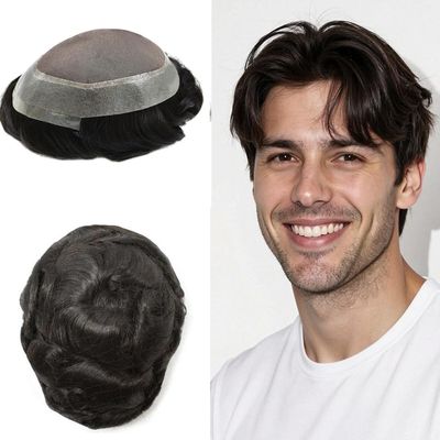 FNY HAIR Mens Toupee Real Human Hair Piece for Men Durable Fine Mono Poly Skin Replacement System for Mens Hairpieces Toupee Natural Hairline 6''X8'' 120% #1B Off Black